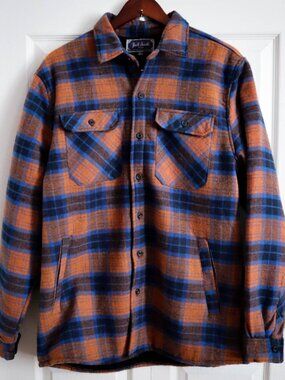 Jack South New York Sherpa Fleece Lined Flannel Shirt Shacket Orange Plaid Sz XL